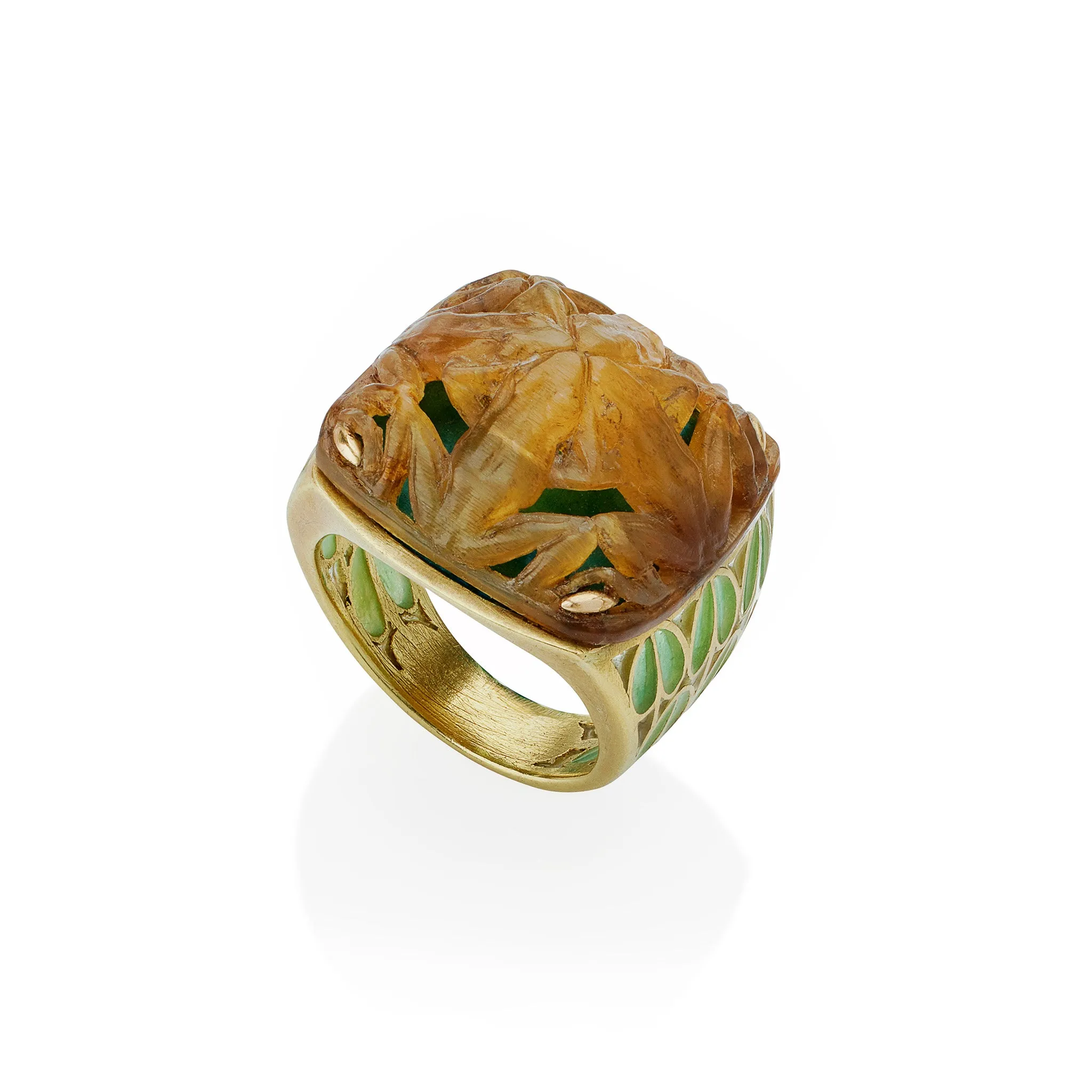 Ren?? Lalique Art Nouveau Carved Horn and Plique-??-jour Enamel  "Grenouilles" or Frogs Ring