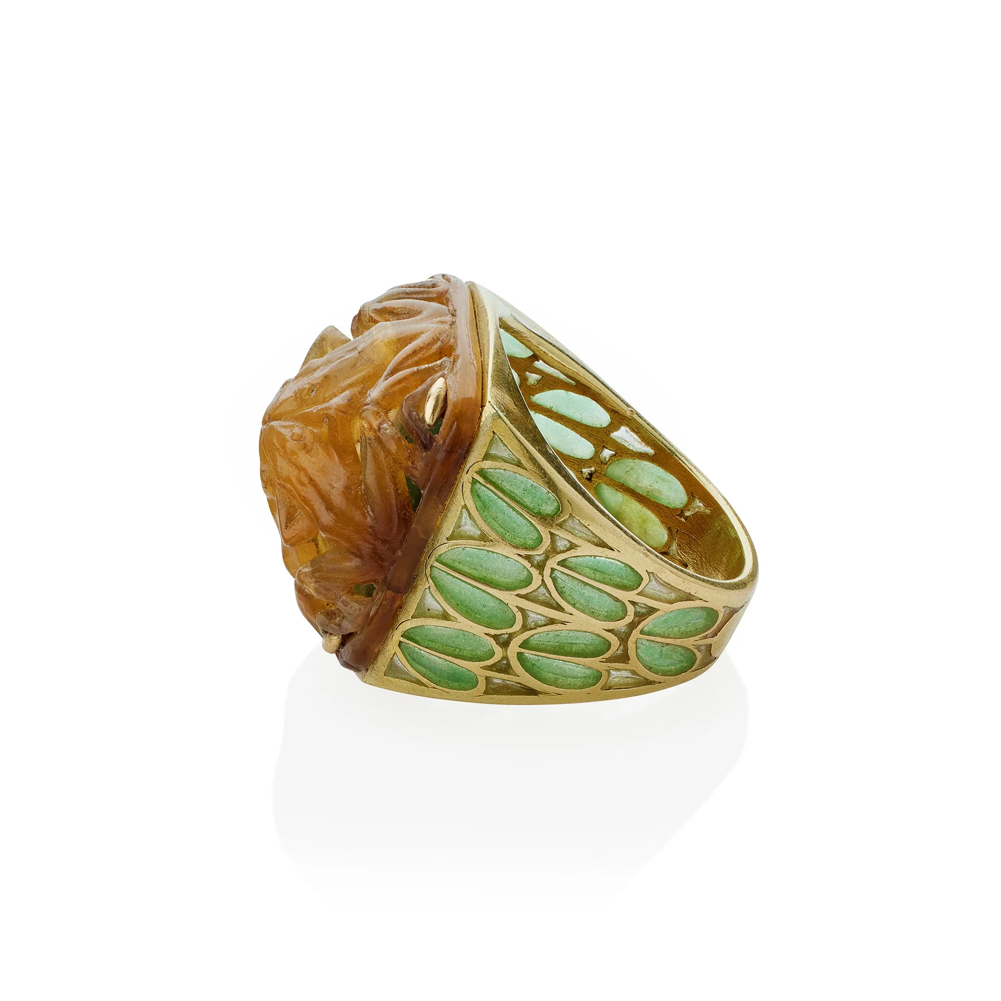 Ren?? Lalique Art Nouveau Carved Horn and Plique-??-jour Enamel  "Grenouilles" or Frogs Ring