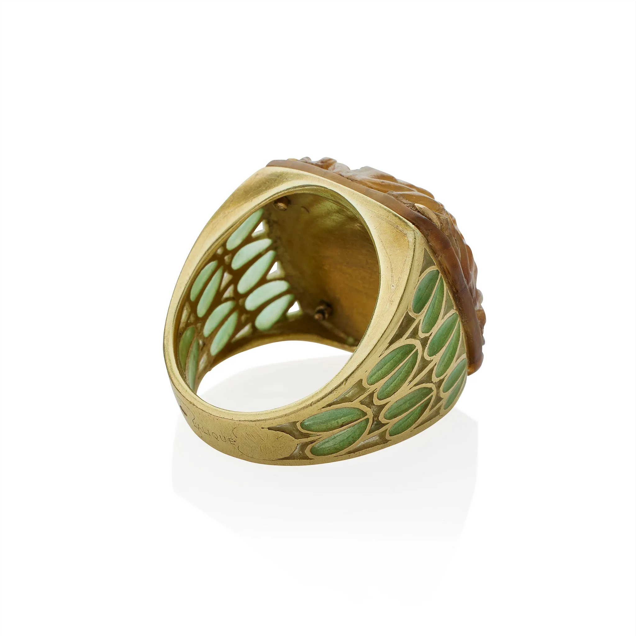 Ren?? Lalique Art Nouveau Carved Horn and Plique-??-jour Enamel  "Grenouilles" or Frogs Ring