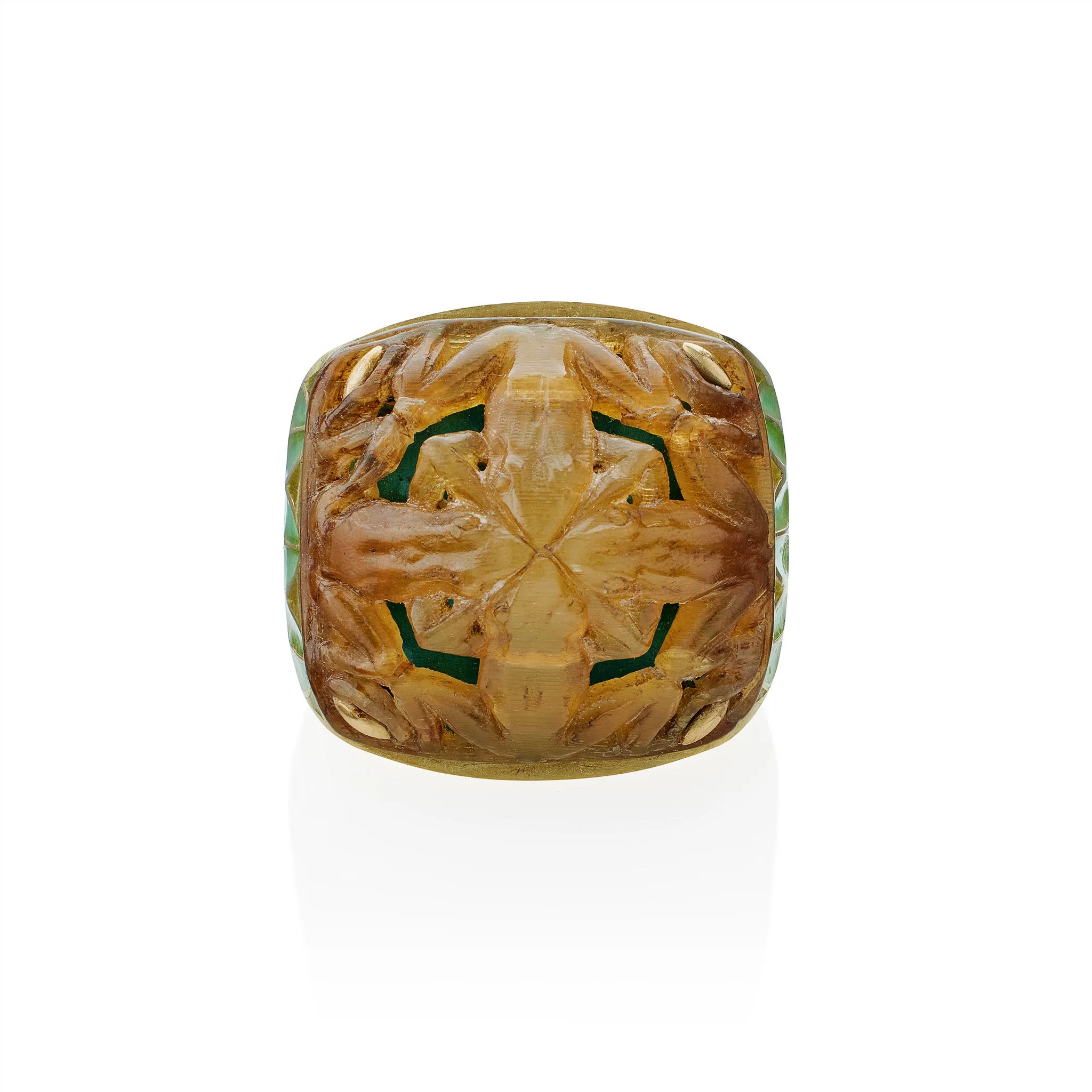 Ren?? Lalique Art Nouveau Carved Horn and Plique-??-jour Enamel  "Grenouilles" or Frogs Ring