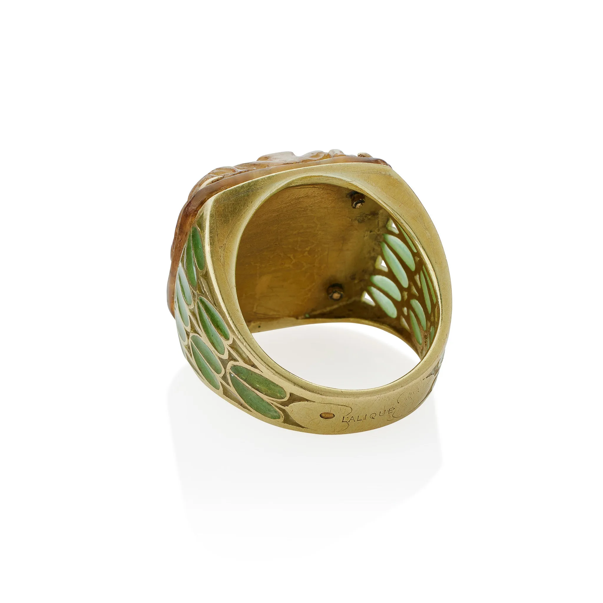 Ren?? Lalique Art Nouveau Carved Horn and Plique-??-jour Enamel  "Grenouilles" or Frogs Ring