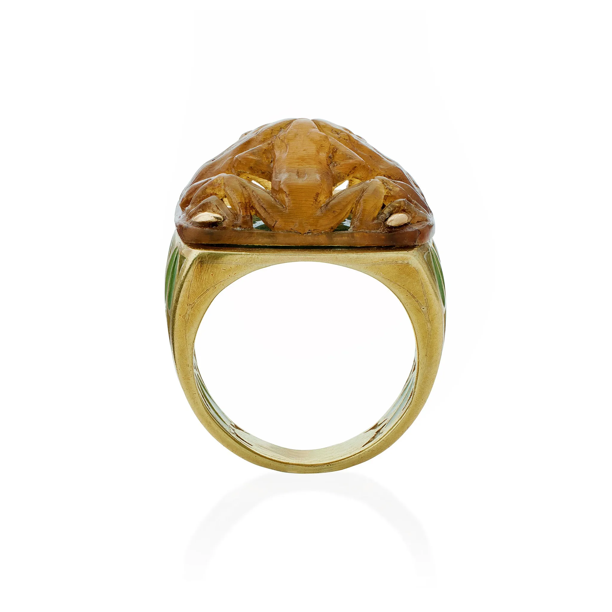 Ren?? Lalique Art Nouveau Carved Horn and Plique-??-jour Enamel  "Grenouilles" or Frogs Ring