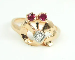 Retro 0.13ct tw Natural Ruby & Diamond Ring 14k Rose Gold Palladium Size 6.25