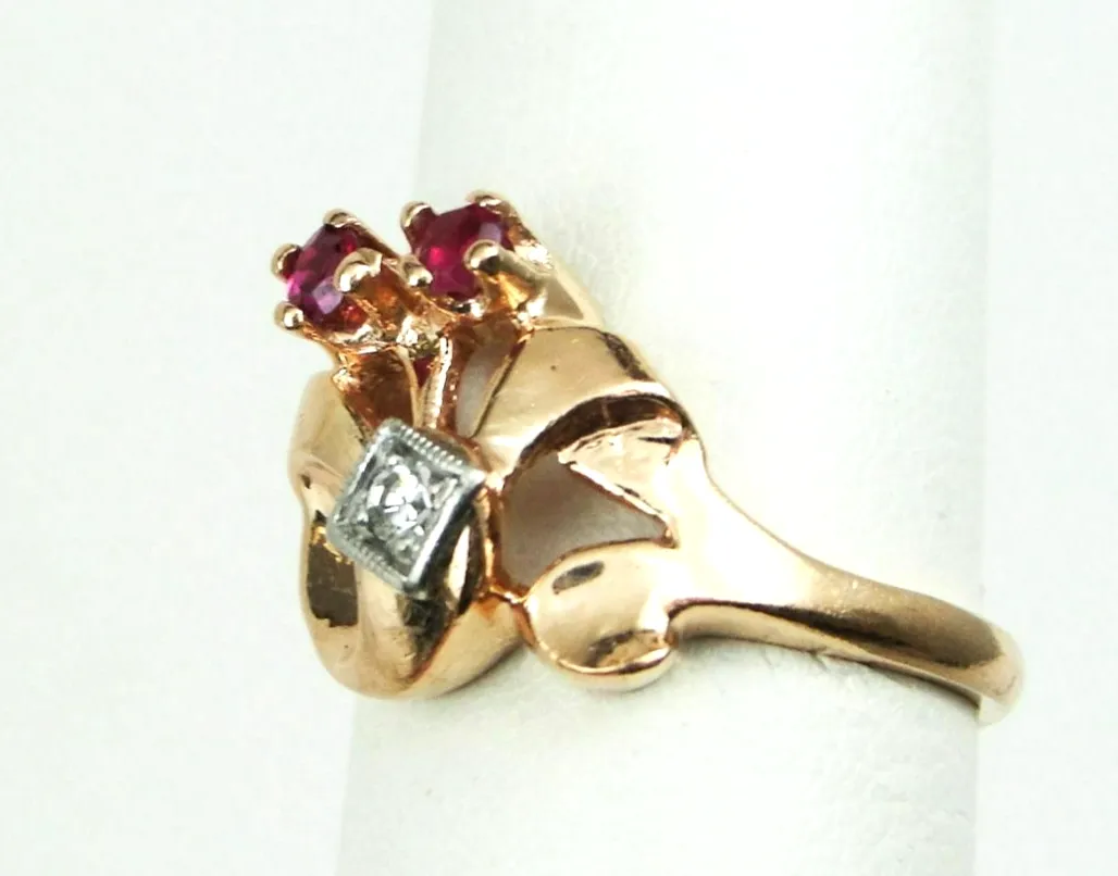 Retro 0.13ct tw Natural Ruby & Diamond Ring 14k Rose Gold Palladium Size 6.25