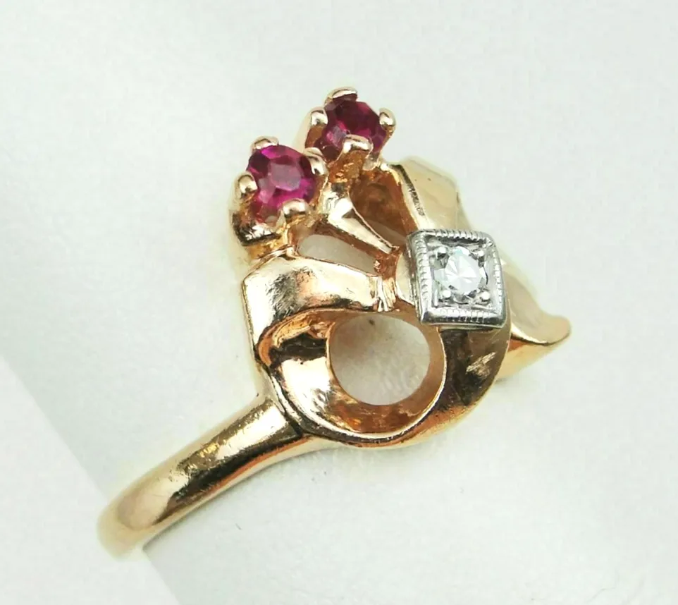 Retro 0.13ct tw Natural Ruby & Diamond Ring 14k Rose Gold Palladium Size 6.25