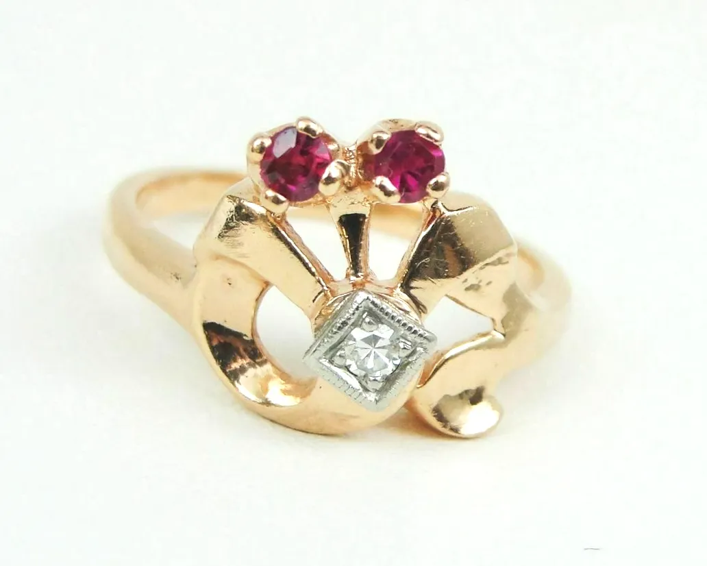 Retro 0.13ct tw Natural Ruby & Diamond Ring 14k Rose Gold Palladium Size 6.25