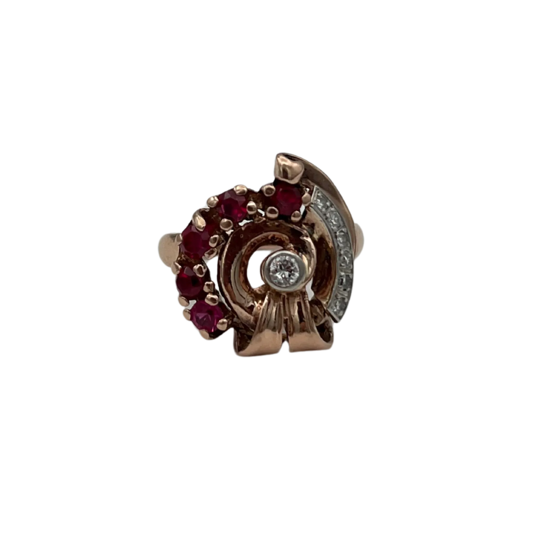 Retro 14k Rose gold Diamond and synthetic Ruby ring  C. 1940s