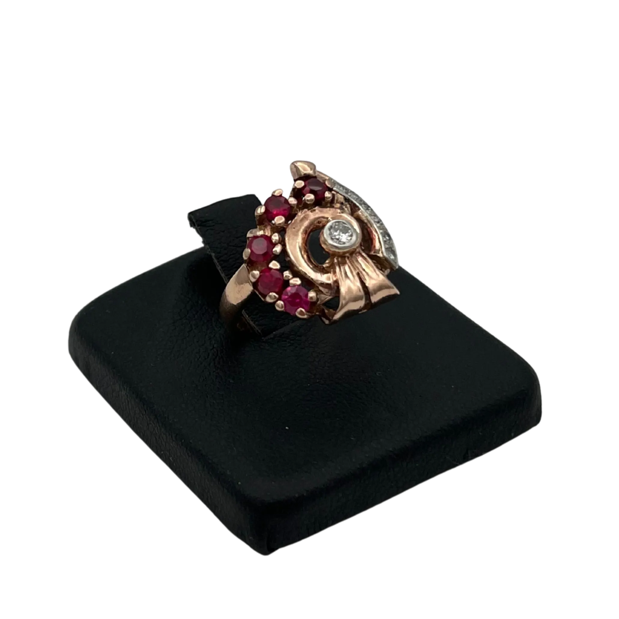 Retro 14k Rose gold Diamond and synthetic Ruby ring  C. 1940s
