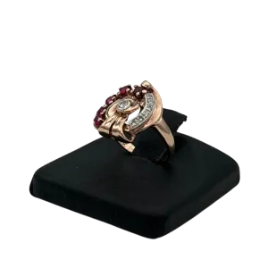 Retro 14k Rose gold Diamond and synthetic Ruby ring  C. 1940s
