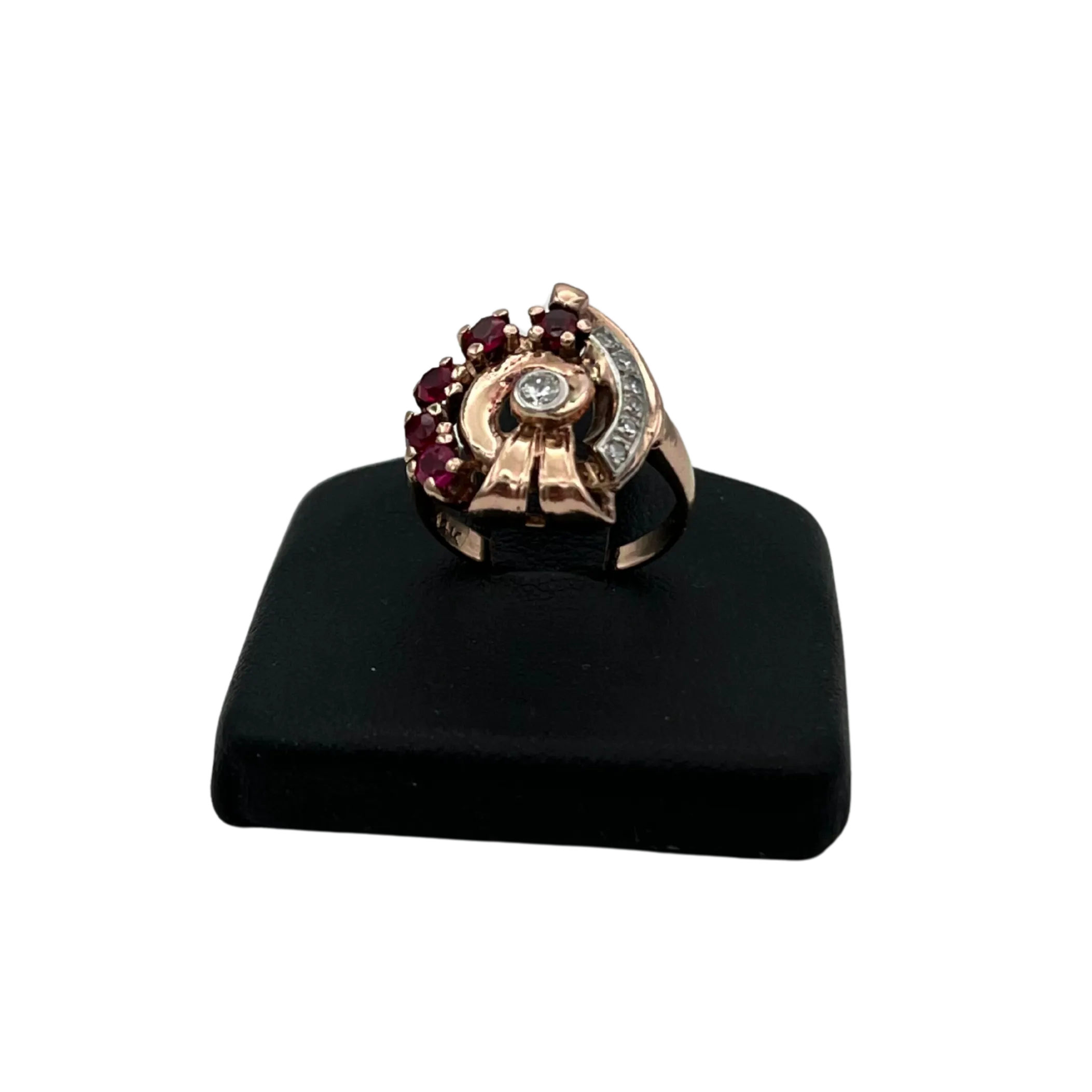 Retro 14k Rose gold Diamond and synthetic Ruby ring  C. 1940s