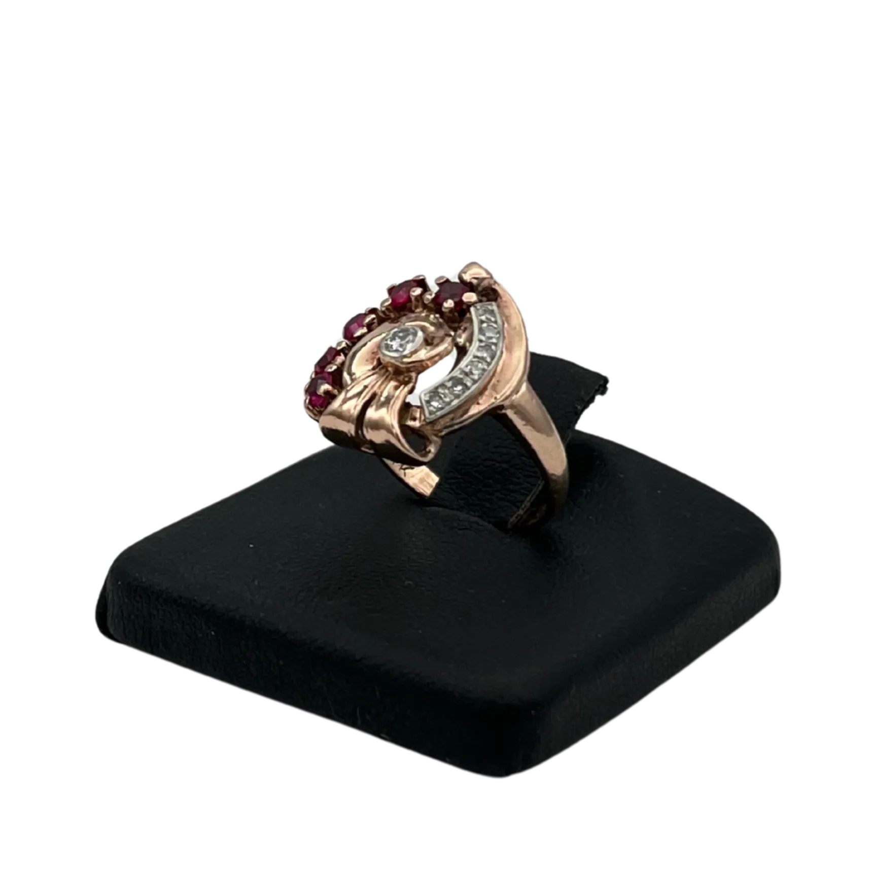 Retro 14k Rose gold Diamond and synthetic Ruby ring  C. 1940s