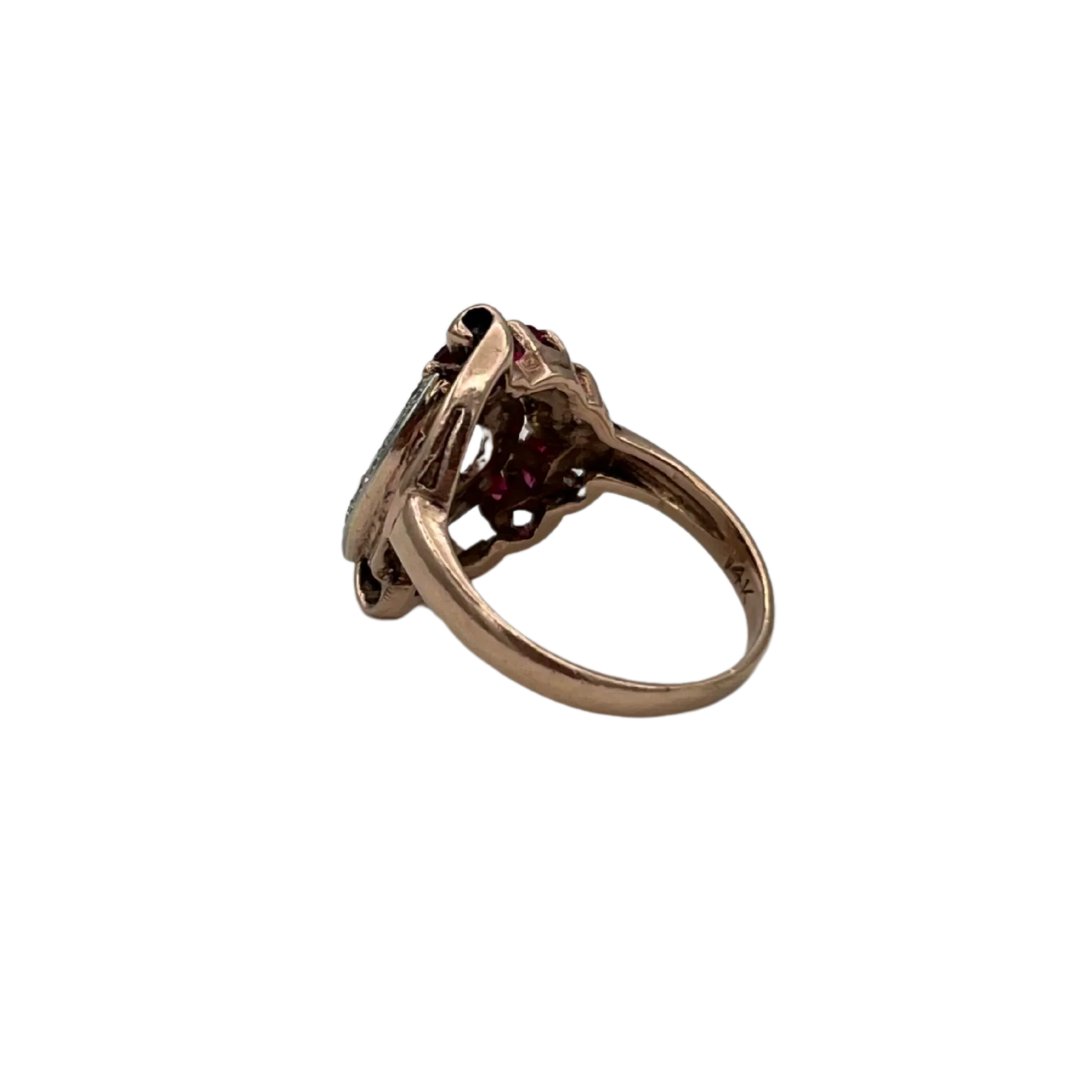 Retro 14k Rose gold Diamond and synthetic Ruby ring  C. 1940s
