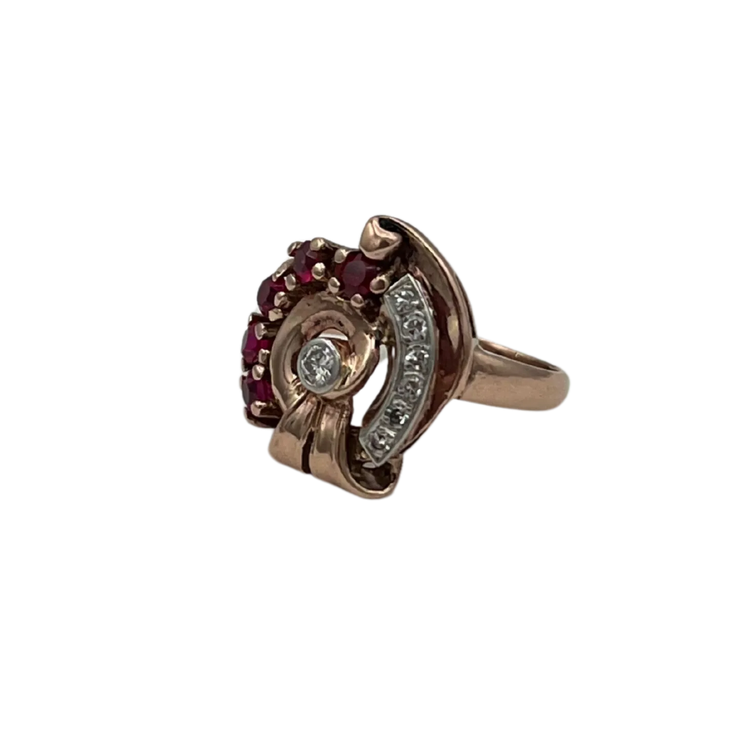 Retro 14k Rose gold Diamond and synthetic Ruby ring  C. 1940s