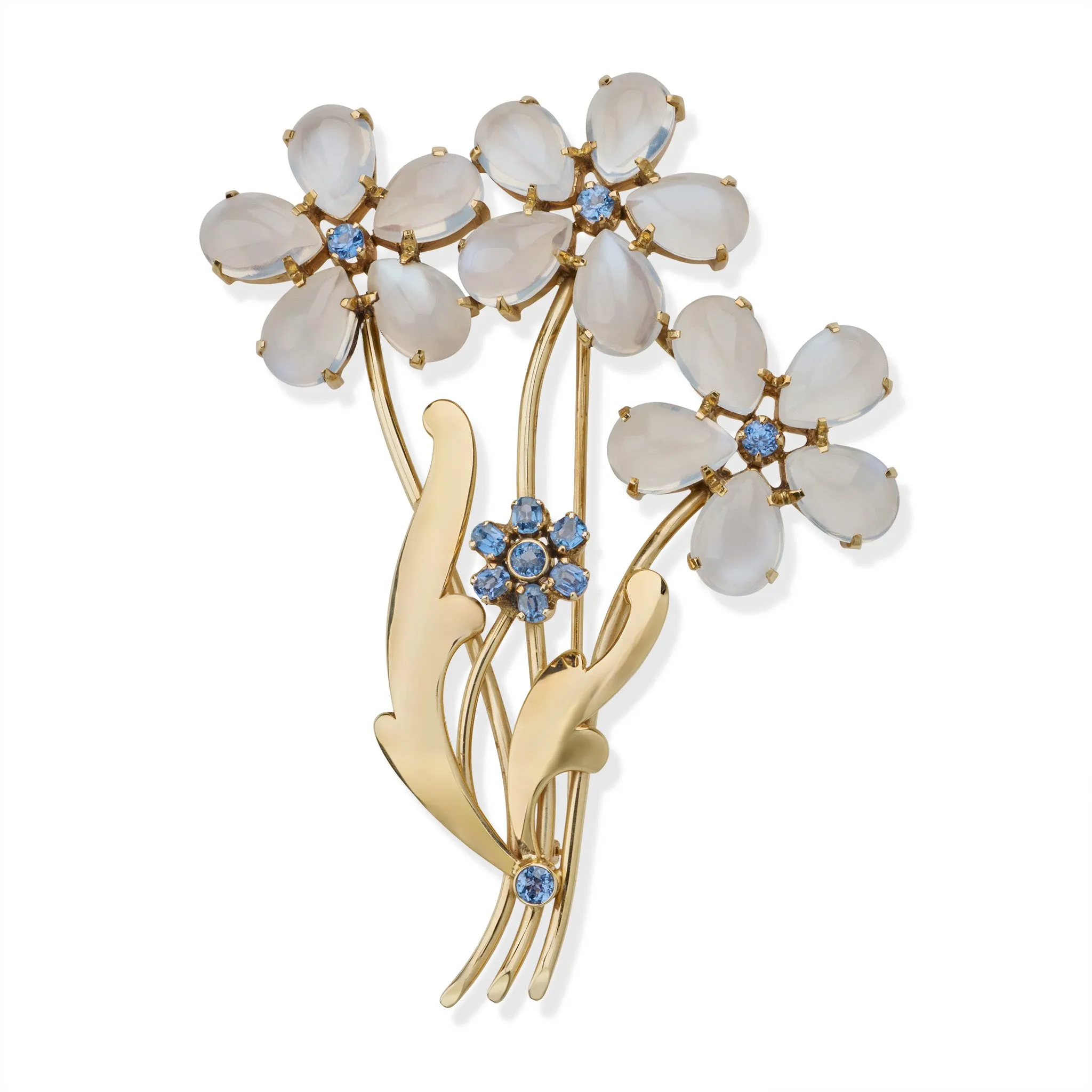 Retro Tiffany & Co. Moonstone and Sapphire Flower Brooch