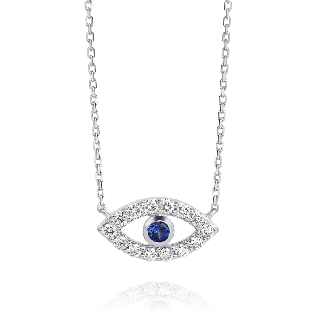 Round Evil Eye Blue Sapphire Pendant White Gold