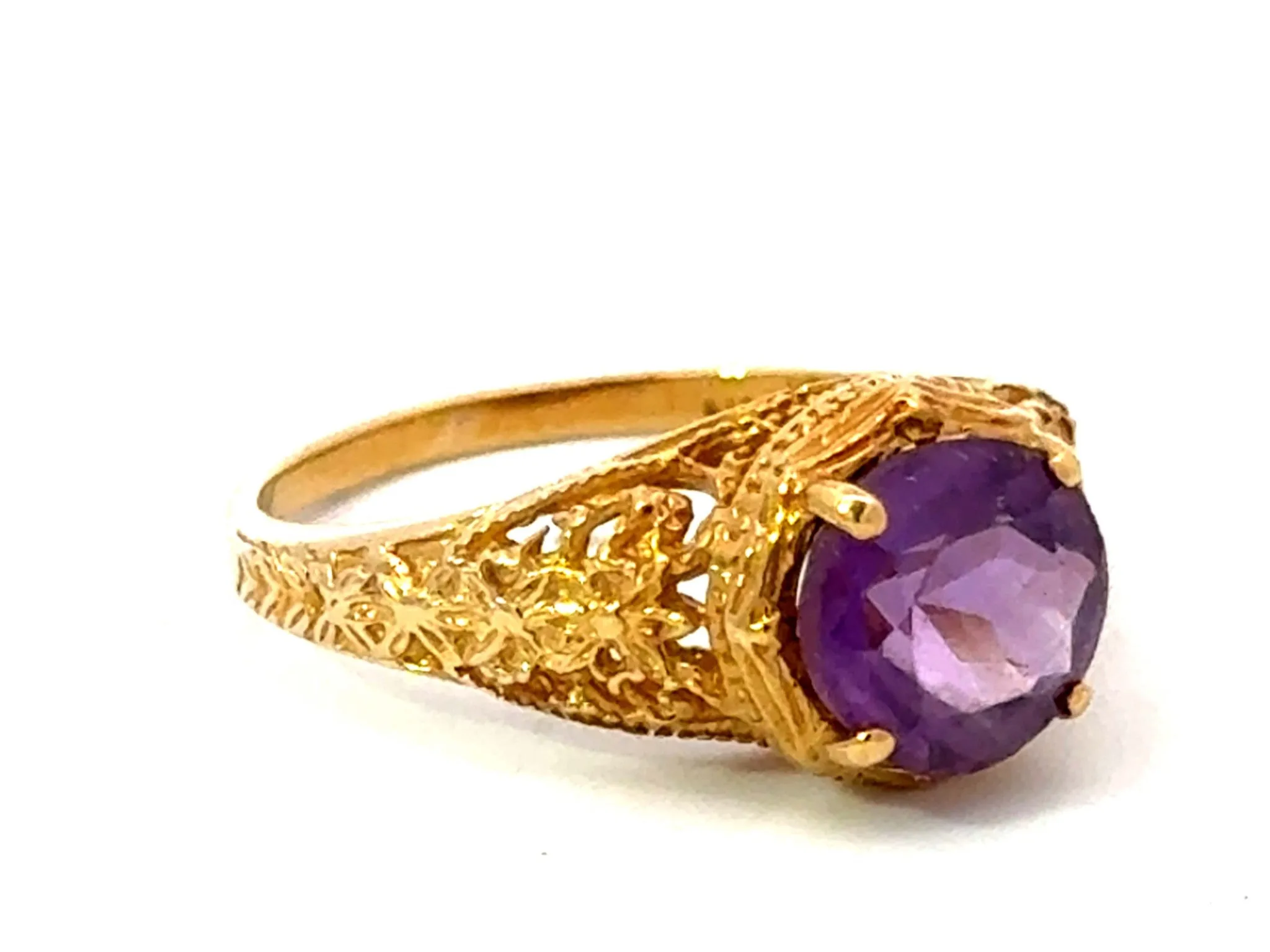 Round Purple Amethyst Filigree Ring 14k Yellow Gold