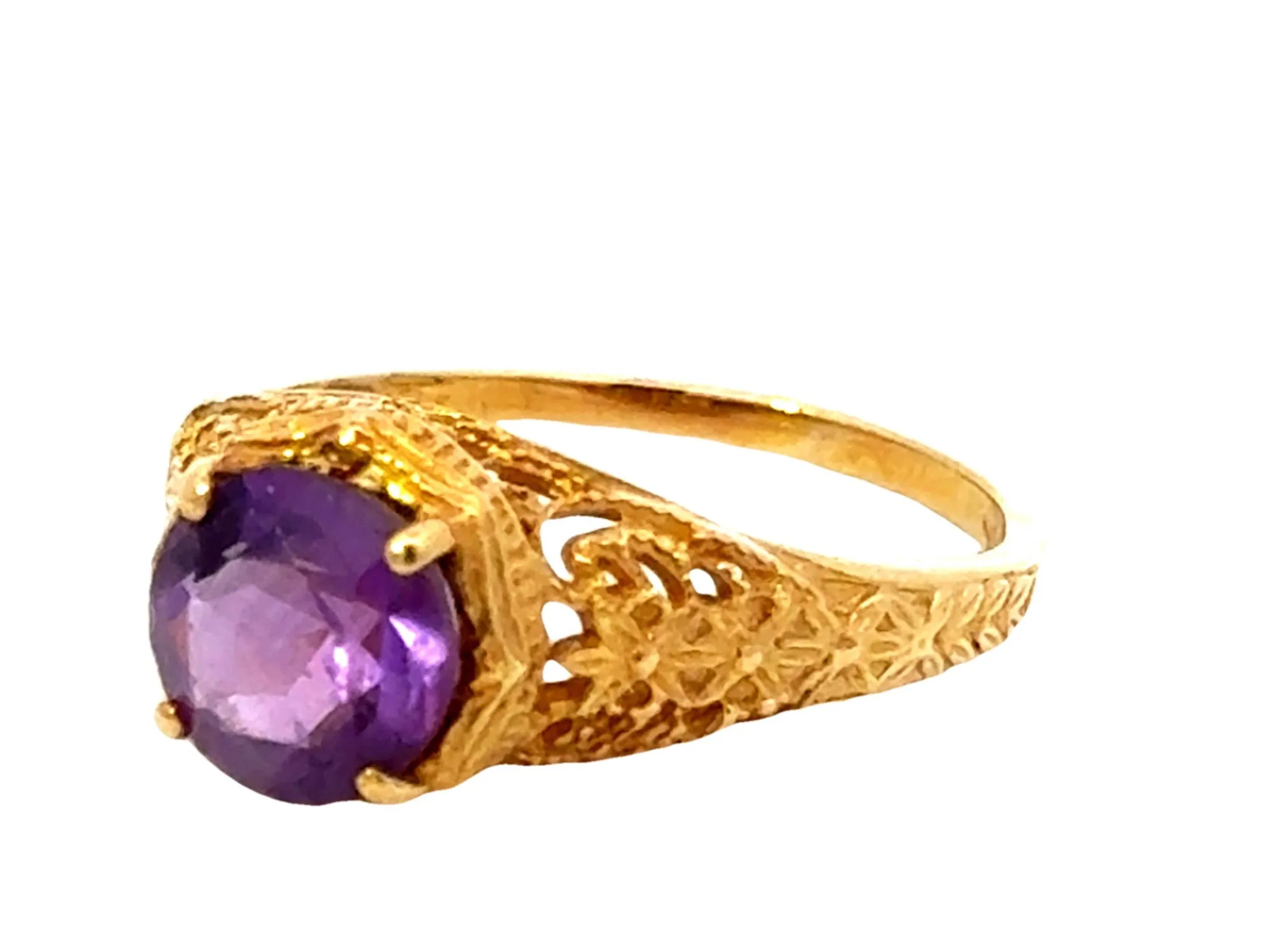 Round Purple Amethyst Filigree Ring 14k Yellow Gold