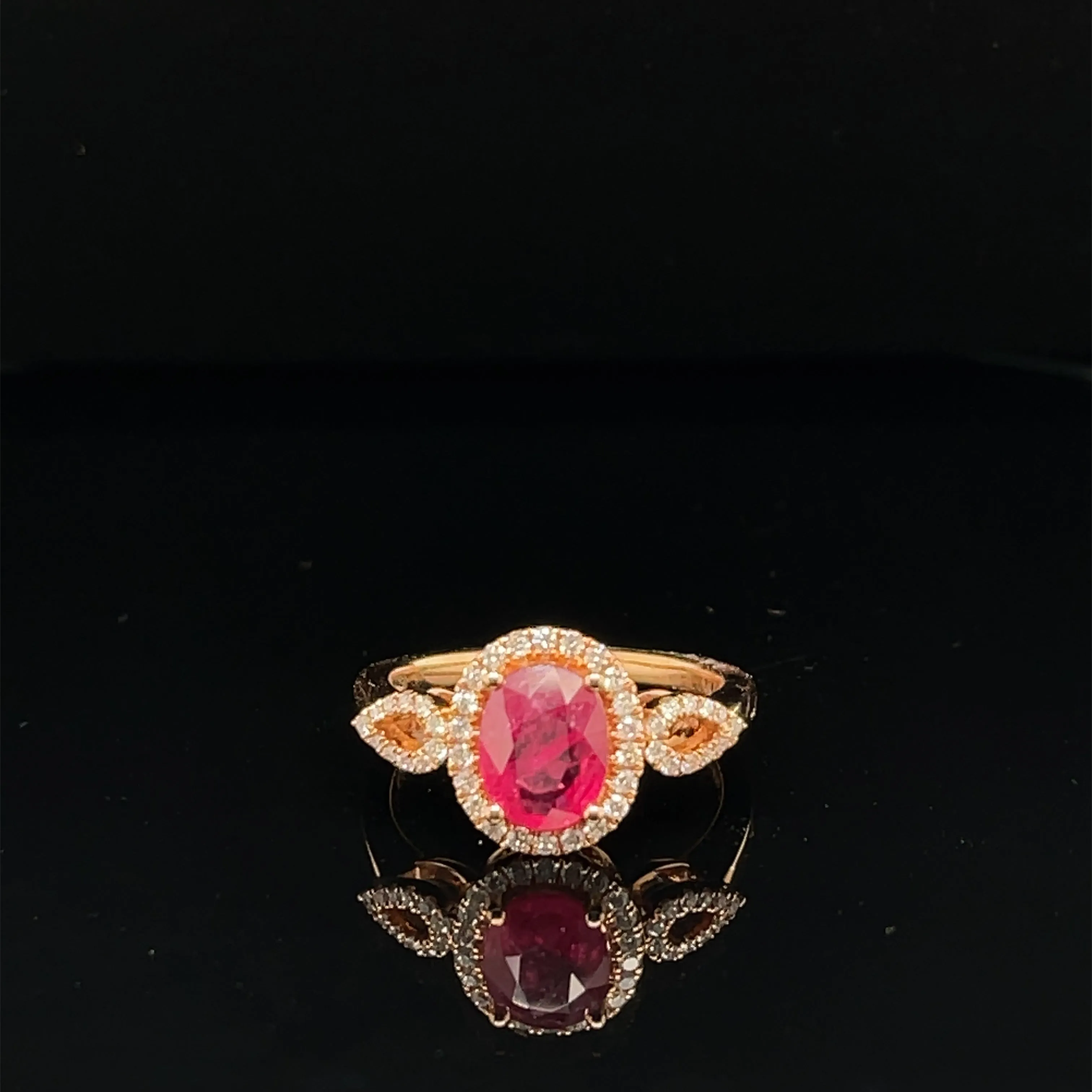 Ruby & Diamond Oval Halo Cluster Raindrop Ring in 18K Rose - (#37 - HRRUB001320)