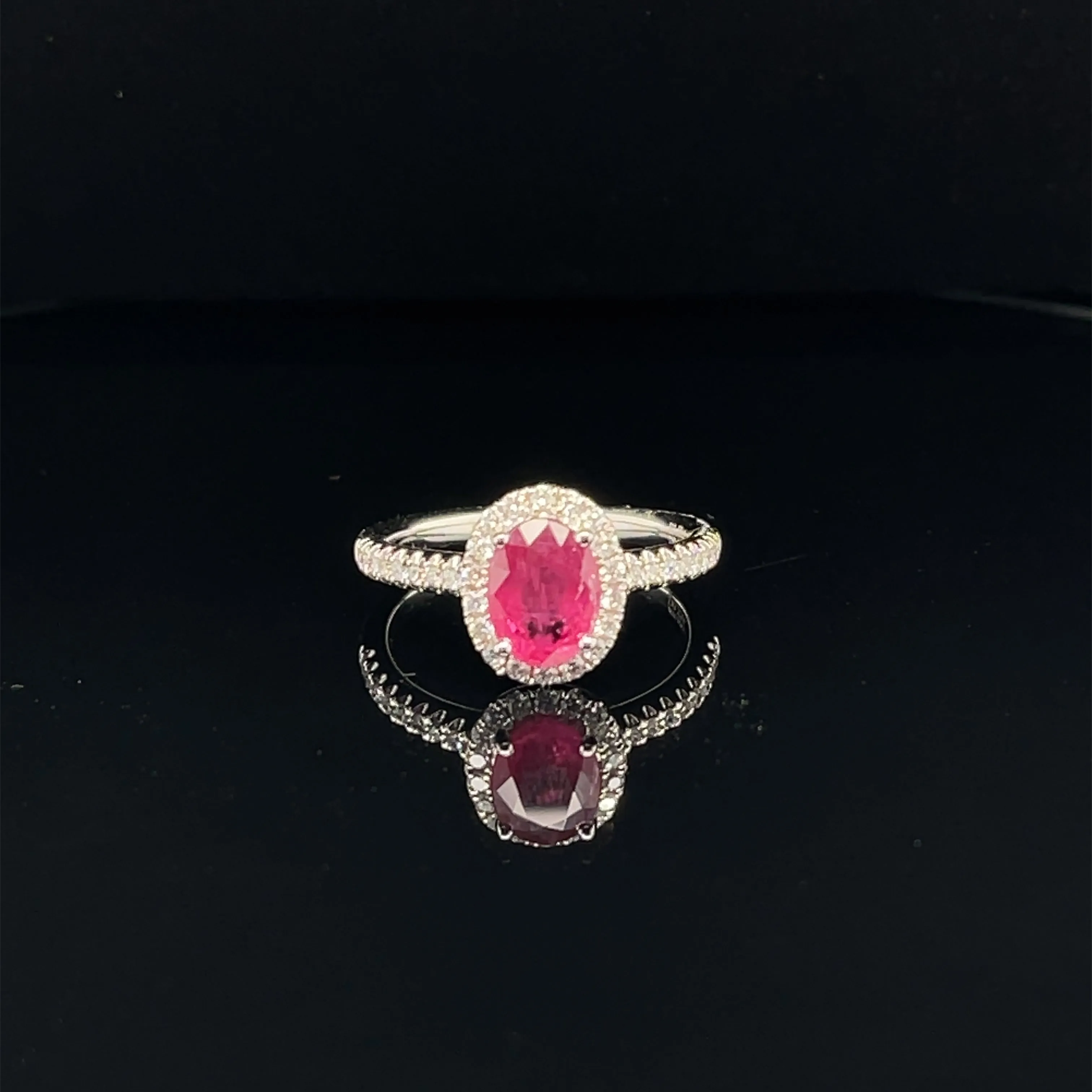 Ruby & Diamond Oval Halo Engagement Ring in 18k White Gold - (#105-RGRUB104147)