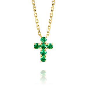 Small Green Emerald Cross Pendant Yellow Gold