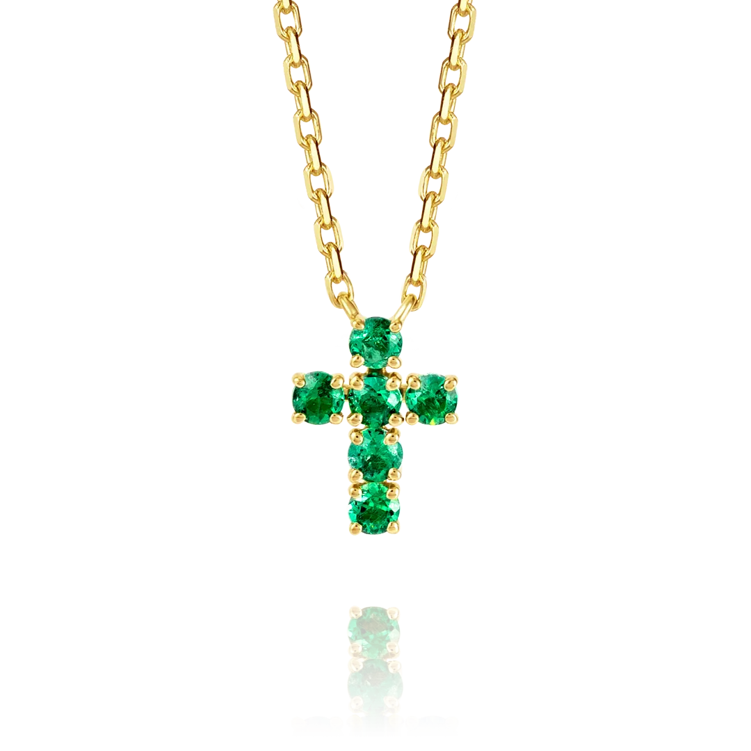 Small Green Emerald Cross Pendant Yellow Gold