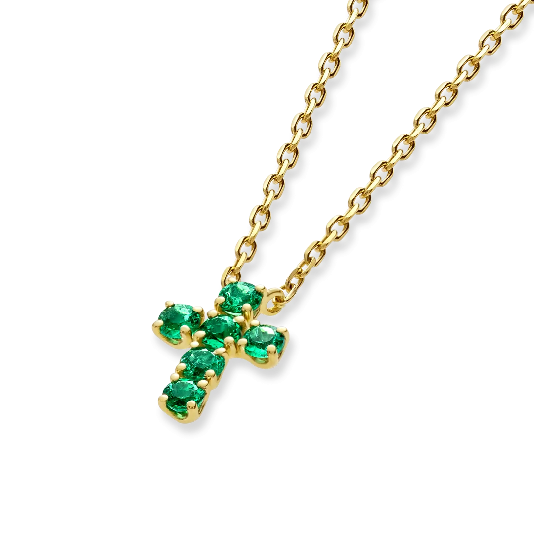 Small Green Emerald Cross Pendant Yellow Gold