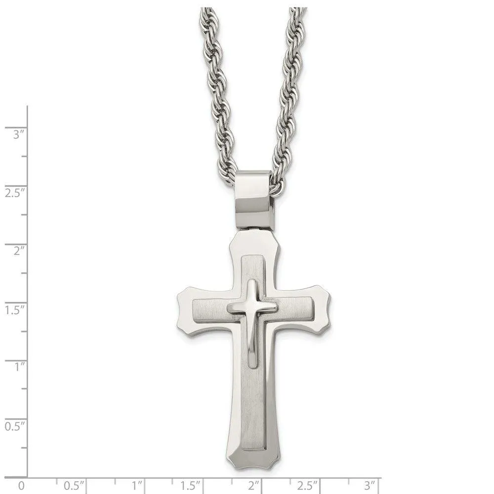 Stainless Steel Brushed and Polished Triple Layer Cross Necklace