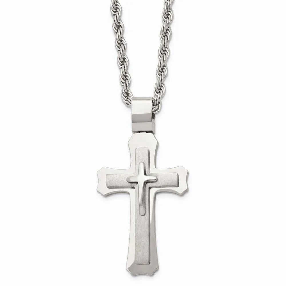 Stainless Steel Brushed and Polished Triple Layer Cross Necklace