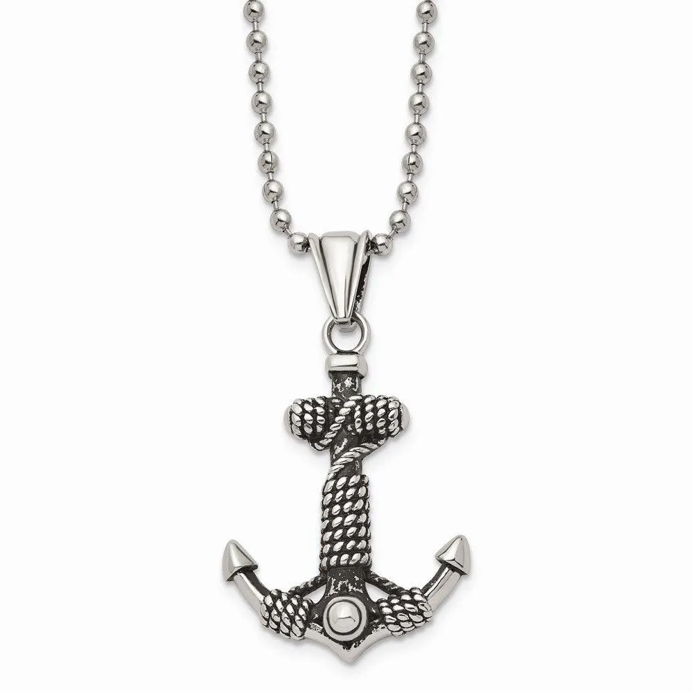 Stainless Steel Polished and Antiqued Anchor Necklace