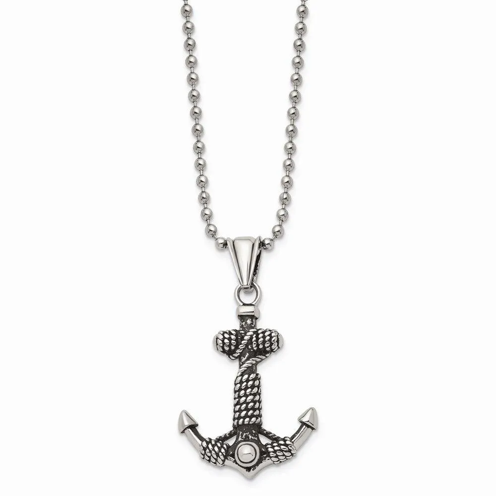 Stainless Steel Polished and Antiqued Anchor Necklace