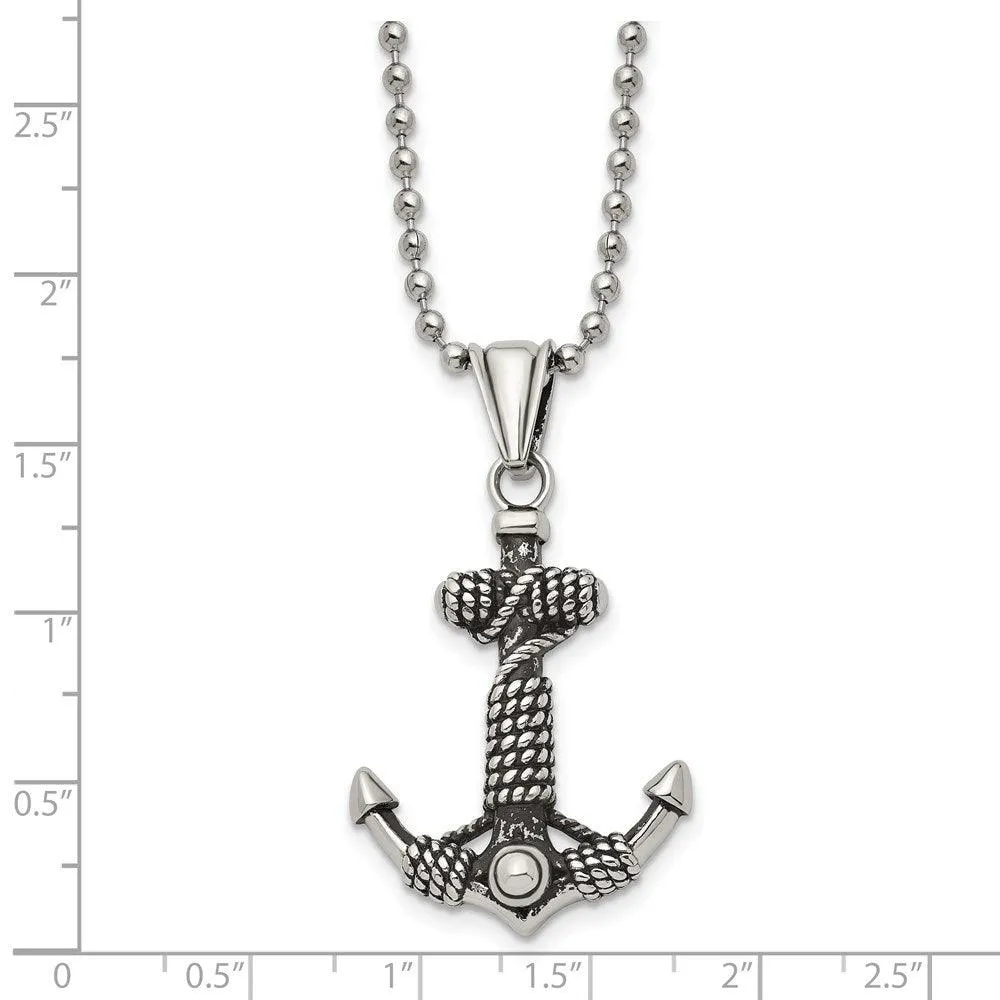 Stainless Steel Polished and Antiqued Anchor Necklace
