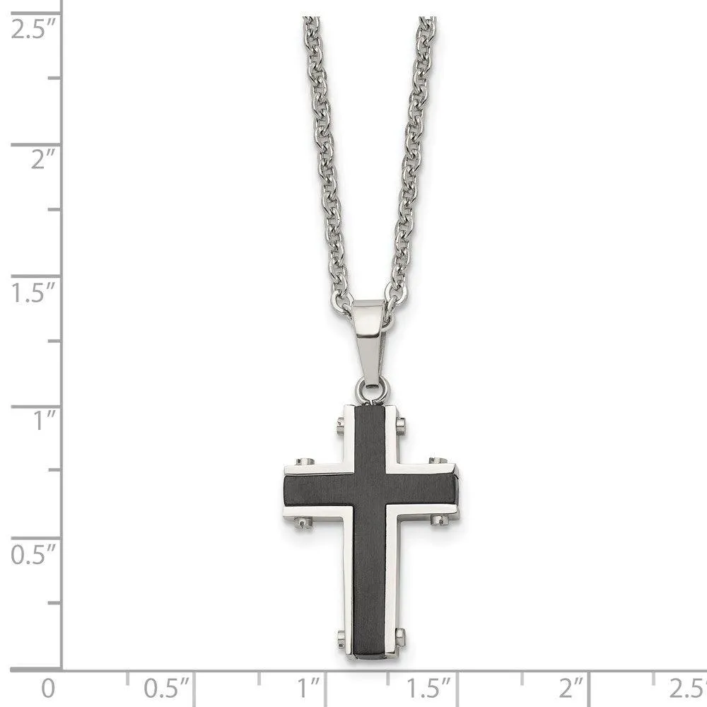 Stainless Steel Polished Black IP-plated Cross Necklace