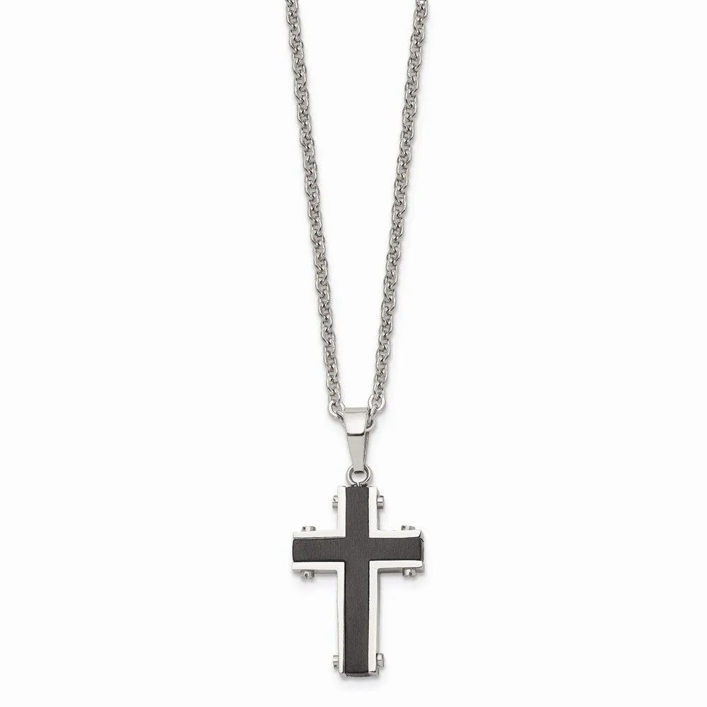 Stainless Steel Polished Black IP-plated Cross Necklace