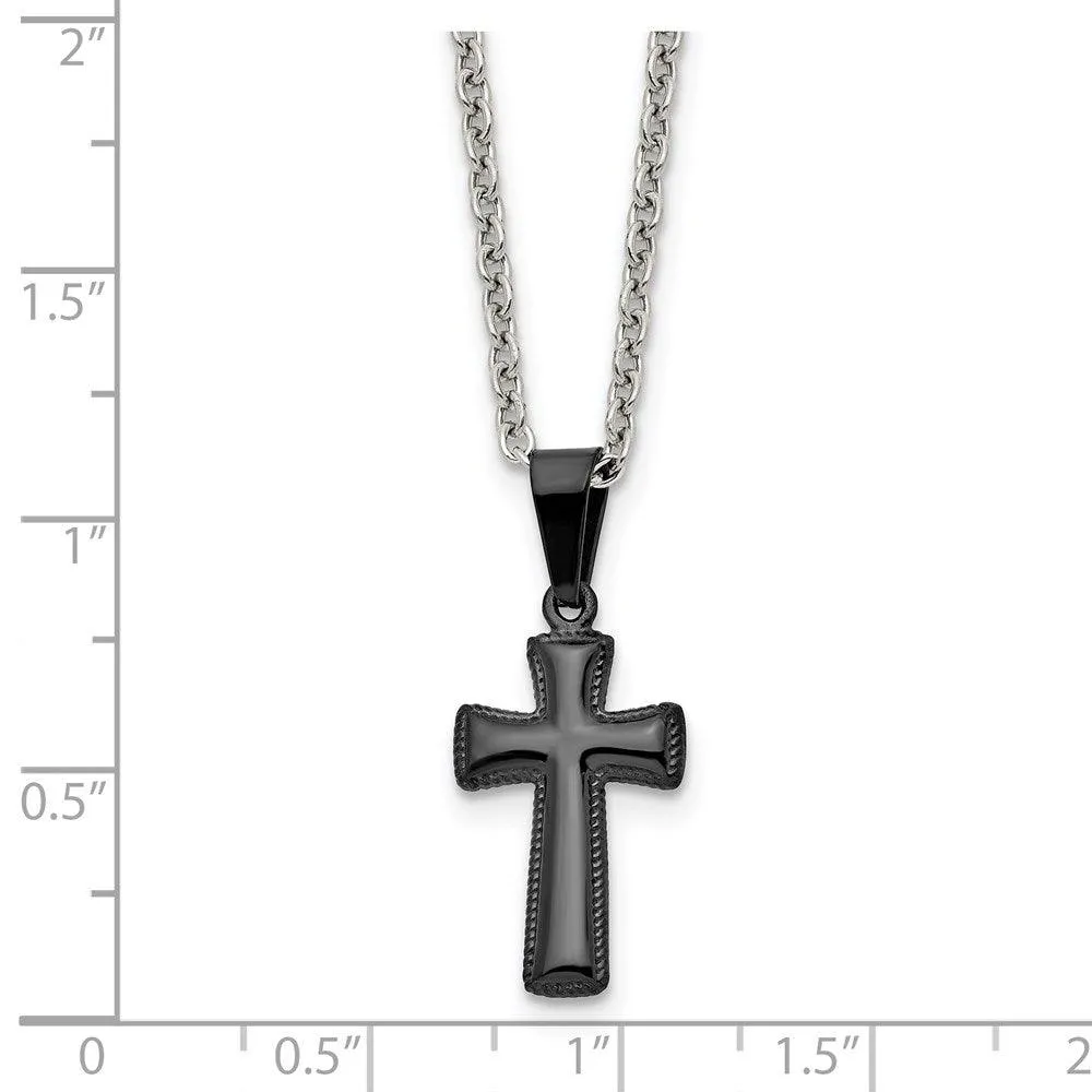 Stainless Steel Polished Black IP Small Pillow Cross Necklace