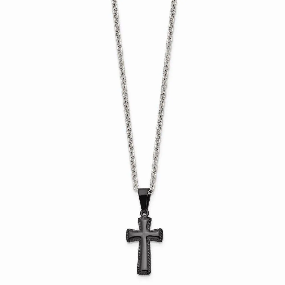 Stainless Steel Polished Black IP Small Pillow Cross Necklace
