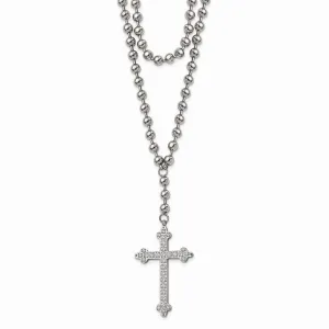 Stainless Steel Polished Cross w/Crystal Two Bead Chain Necklace