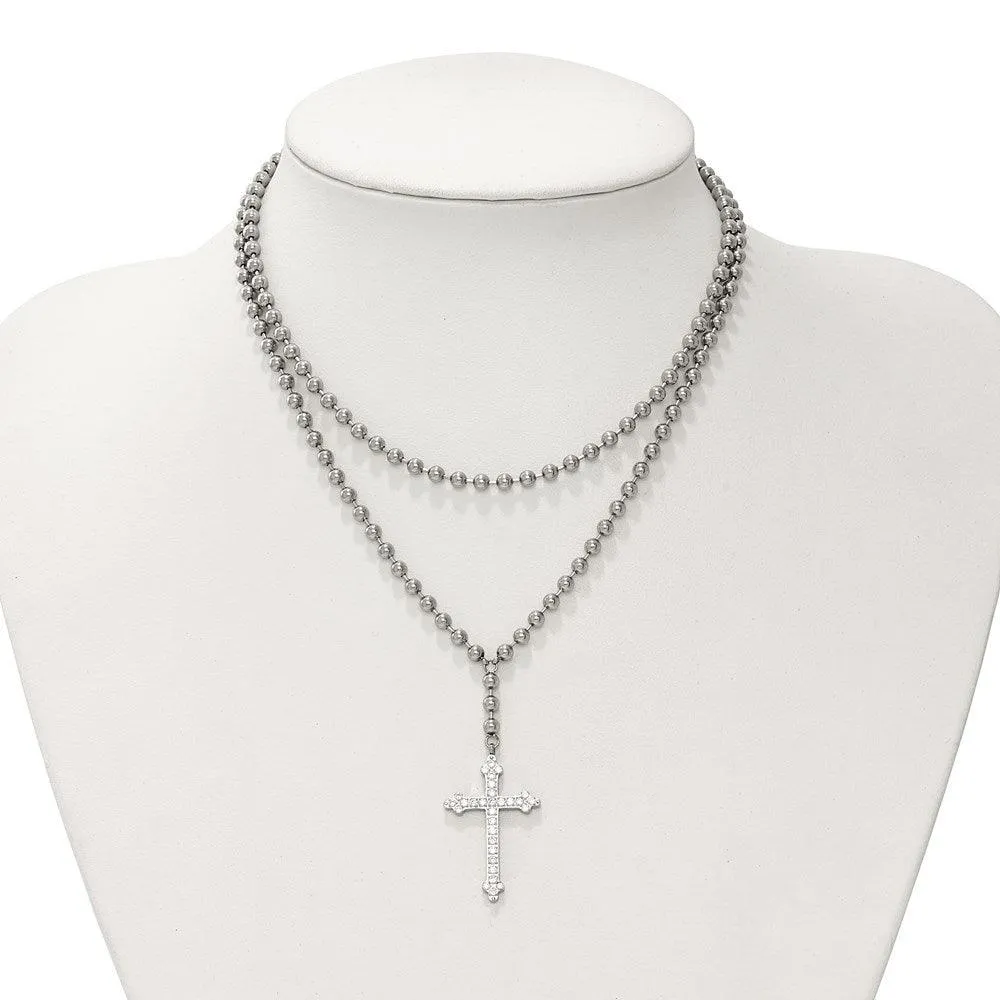 Stainless Steel Polished Cross w/Crystal Two Bead Chain Necklace