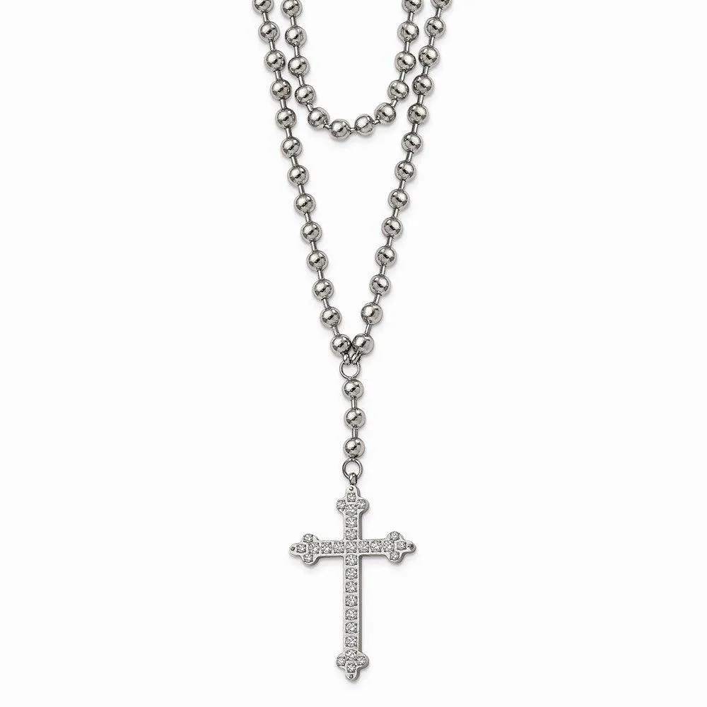 Stainless Steel Polished Cross w/Crystal Two Bead Chain Necklace