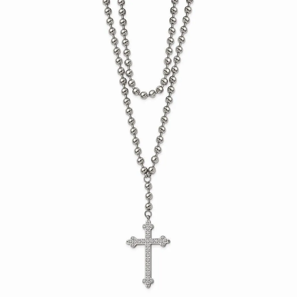 Stainless Steel Polished Cross w/Crystal Two Bead Chain Necklace