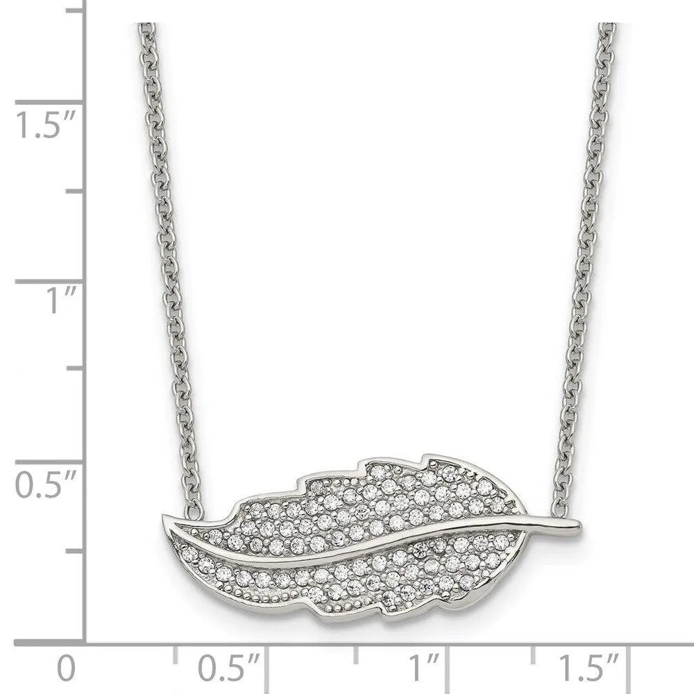 Stainless Steel Polished Leaf with CZs Necklace
