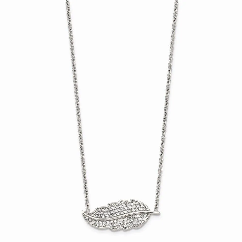 Stainless Steel Polished Leaf with CZs Necklace