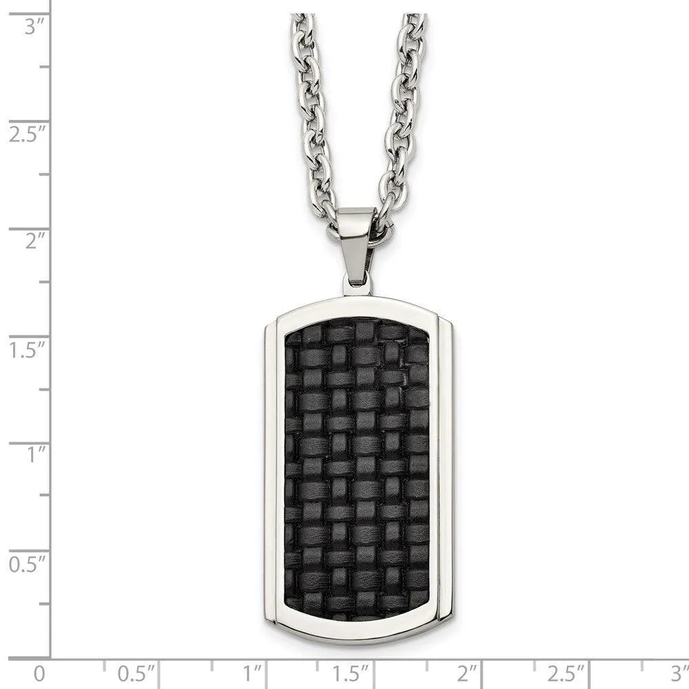 Stainless Steel Polished Leather Inlay Dog Tag Necklace