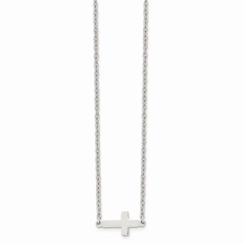 Stainless Steel Polished Sideways Cross 18in Necklace