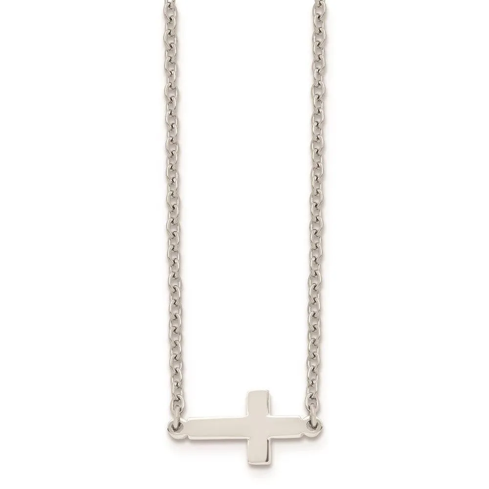 Stainless Steel Polished Sideways Cross 18in Necklace