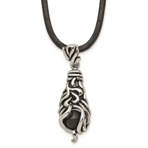 Stainless Steel Polished/Antiqued Moveable Black Agate Necklace