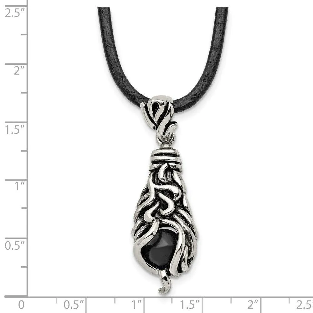 Stainless Steel Polished/Antiqued Moveable Black Agate Necklace