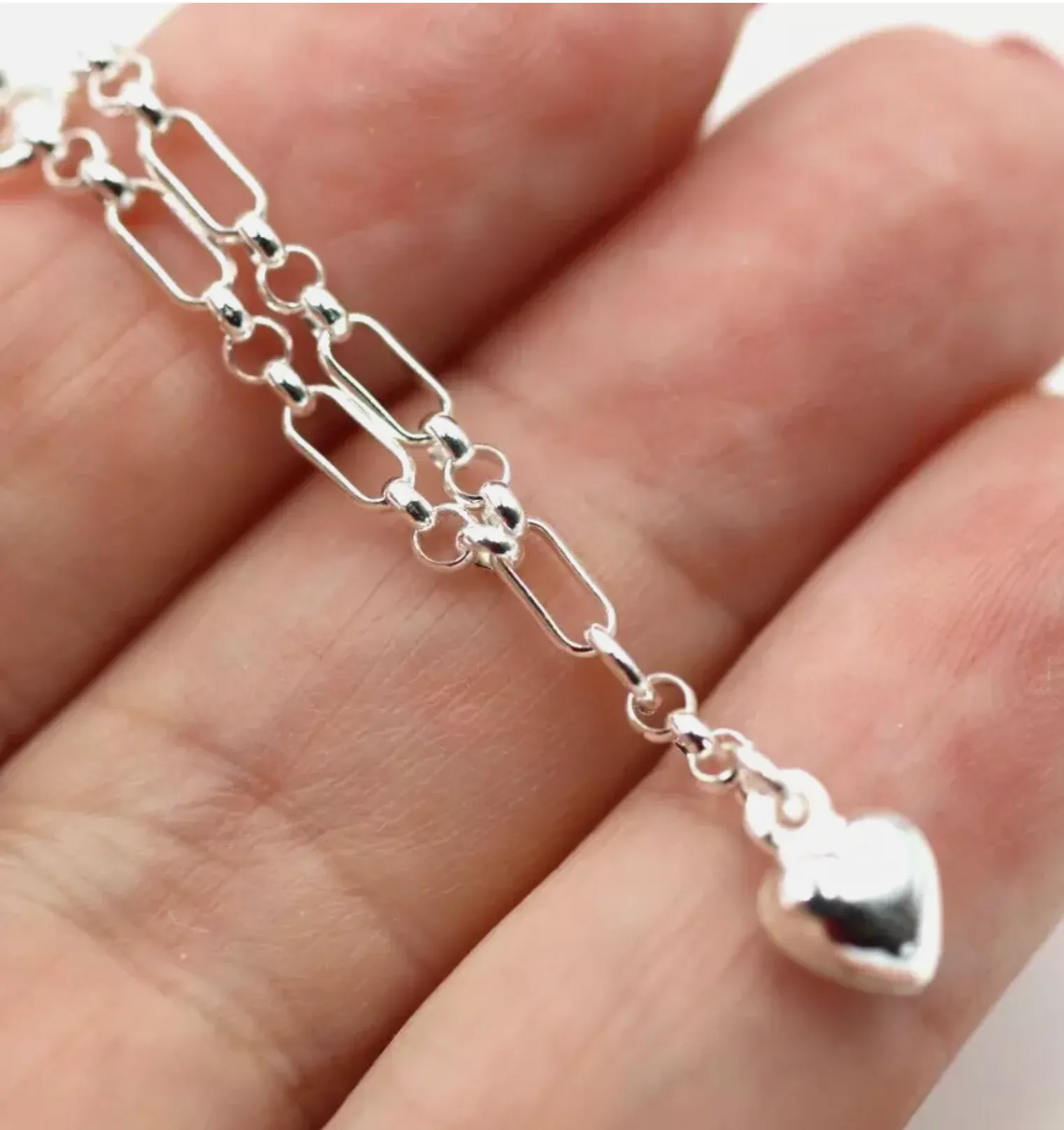 Sterling Silver 925 Figaro Belcher Anklet with Bubble Heart Charm 26cm