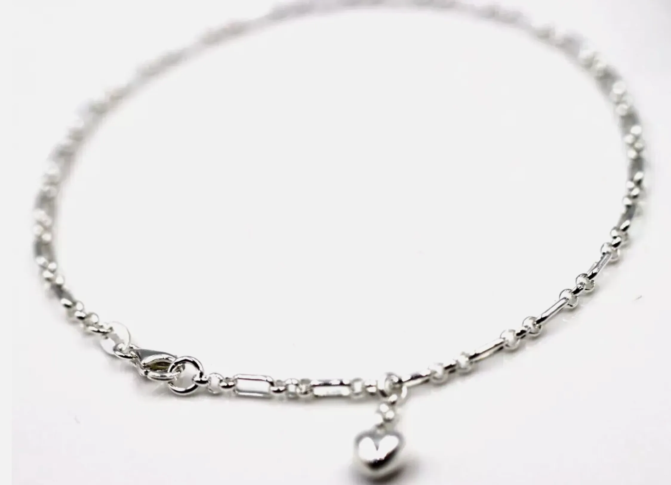 Sterling Silver 925 Figaro Belcher Anklet with Bubble Heart Charm 26cm