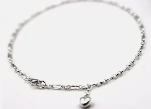 Sterling Silver 925 Figaro Belcher Anklet with Bubble Heart Charm 26cm