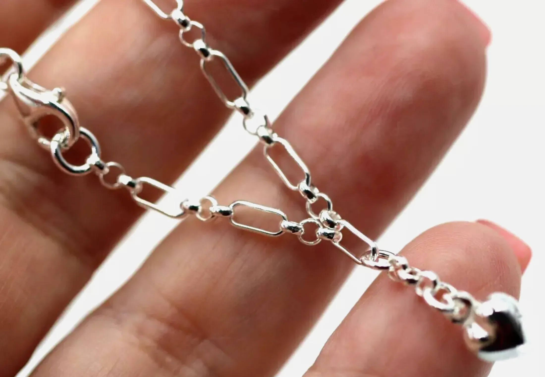 Sterling Silver 925 Figaro Belcher Anklet with Bubble Heart Charm 26cm